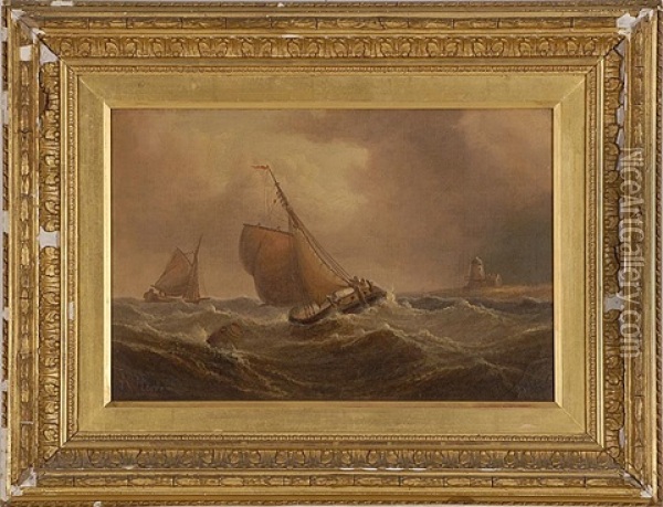 Two Vessels Battling Stormy Seas Off A Lighthouse Oil Painting - Henry Moore