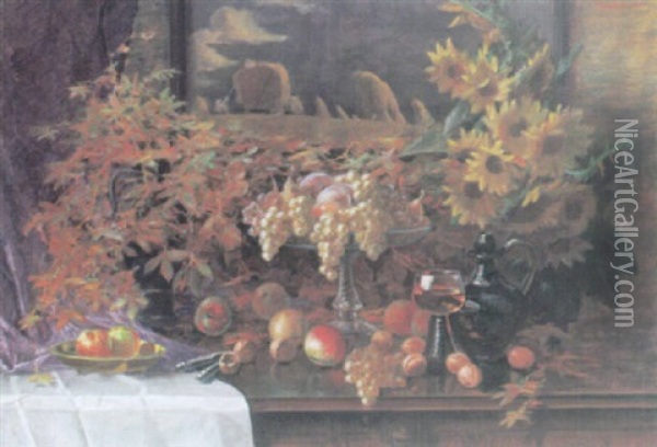 Herbstliches Stilleben Mit Obstschale, Gefulltem Romer, Laub Und Sonnenblumen Oil Painting - Georg Valka