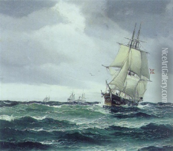 Marine Med Skibe Pa Havet Oil Painting - Vilhelm Victor Bille