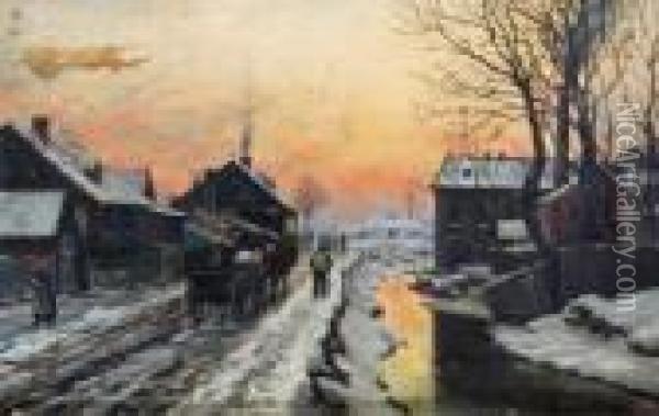 Winter Street Scene With Sunset Oil Painting - Anders Anderson-Lundby