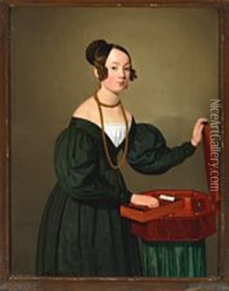 Portrait Of A Lady Standing By A Needlework Casket Oil Painting - Carl Rudolf Fiebig