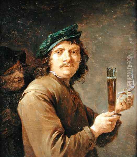 Man Holding a Pipe and a Glass of Beer Oil Painting - David The Younger Teniers