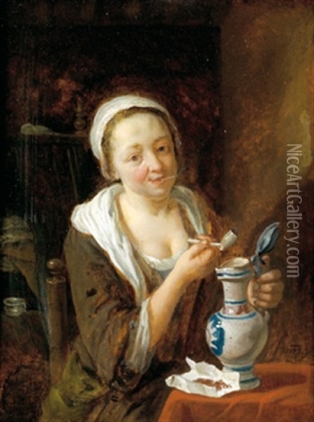 Eine Junge, Pfeiferauchende Frau Mit Einem Weinkrug (+ Ein Alter Mann Die Laute Spielend; Pair) Oil Painting - Cornelis Buys