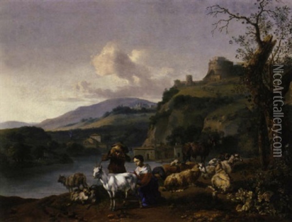 An Italianate River Landscape With A Shepherd And A Shepherdess With Their Flock, A Village Beyond Beneath A Hill With The Mausoleum Of Hadrian Oil Painting - Hendrick Mommers
