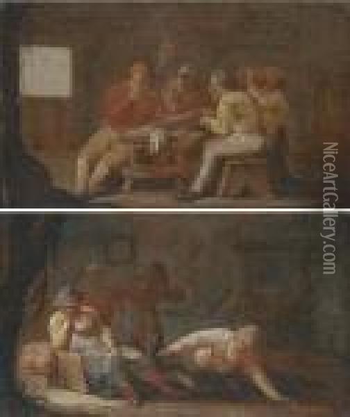Peasants Smoking And Drinking In A Tavern; And Peasants In Atavern Oil Painting - Anthonie Victoryns