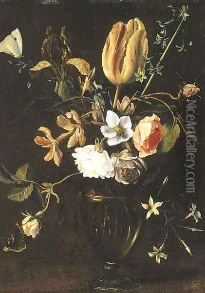 Roses, an iris, a tulip, jasmine and other flowers in a facon de Venise glass on a ledge with butterflies Oil Painting - Daniel Seghers