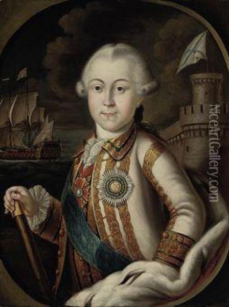 Portrait Of A Russian Navy Admiral, Half-length, With A Baton Inhis Right Hand, A Ship And A Castle Beyond, In A Feigned Oval Oil Painting - Georg Desmares