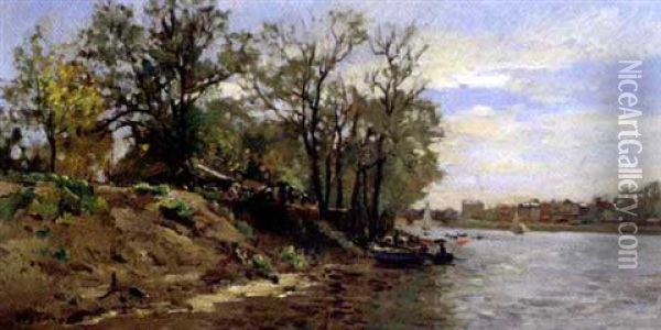 La Guinguette Au Bord De L'eau Oil Painting - Pierre Emmanuel Eugene Damoye