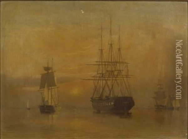 The Frigate U.s.s. Congress At Sunset (boston Harbor?) Oil Painting - William Bradford