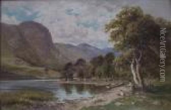 A Motherand Daughter By A Lake In A Hilly Landscape Oil Painting - Edward Henry Holder