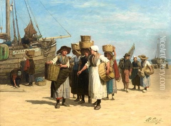 Terugkeer Van De Visafslag - After The Catch Oil Painting - Philip Lodewijk Jacob Frederik Sadee