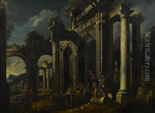 A Capriccio View With Ruins And Figures In The Foreground Oil Painting - Leonardo Coccorante