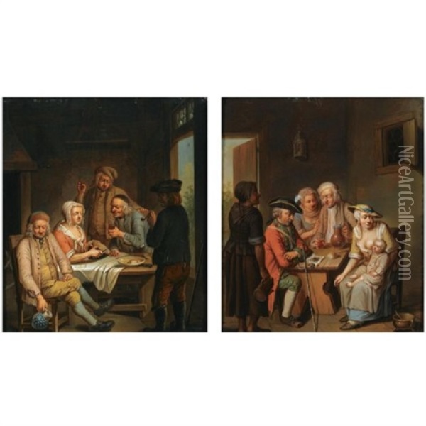 Figures Eating, Drinking And Smoking At A Table (+ A Mother And Child, A Soldier And An Elderly Couple Drinking At A Table; Pair) Oil Painting - Justus Juncker