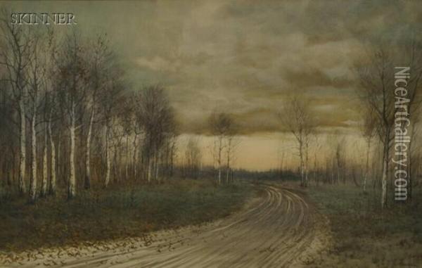 Country Road Lined With Birch Trees In Late Autumn Oil Painting - George Howell Gay