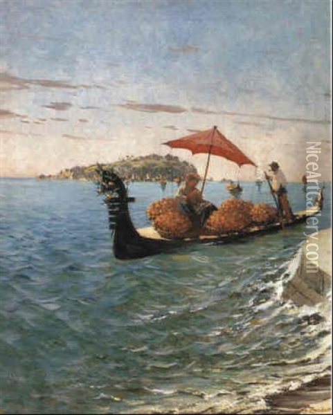 A Gondola Carrying An Orange Seller Oil Painting - Eugen Zardetti