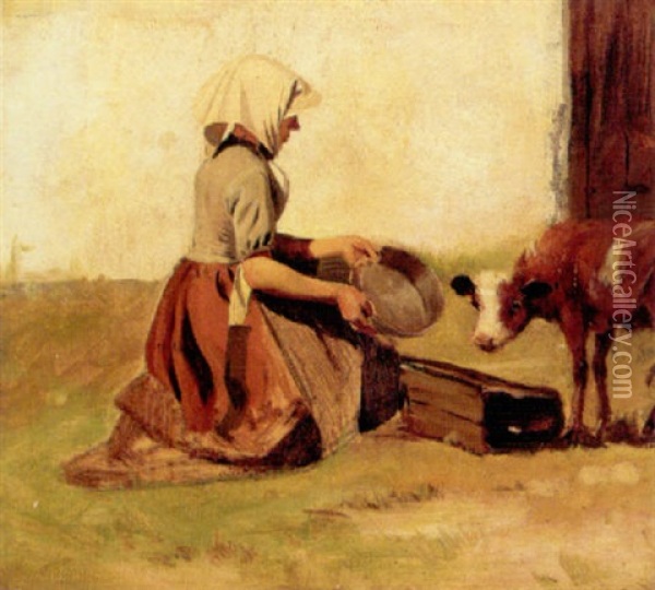Bondepige, Der Vander En Kalv Oil Painting - Theodor Philipsen