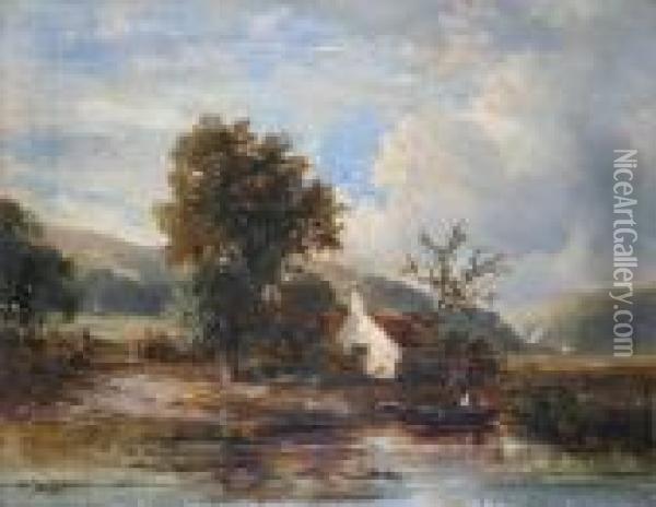 A Riverside Cottage In A Landscape, With Man In A Boat Before Oil Painting - Joseph Thors