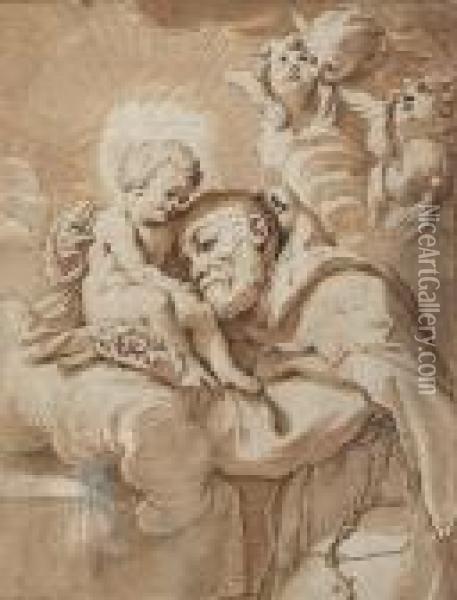 Capucin Monk Adoring The Christ Child, Four Cherubim Above Oil Painting - Guercino
