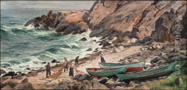 Kalastajat Kuivaavat Verkkojaan Oil Painting - Berndt Adolf Lindholm