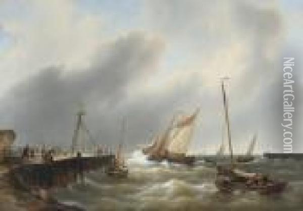 Shipping Off A Jetty Oil Painting - Petrus Jan Schotel