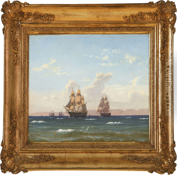 Marine With Sailing Ships Passing A Mountainous Coast Oil Painting - Niels Carl Flindt Dahl