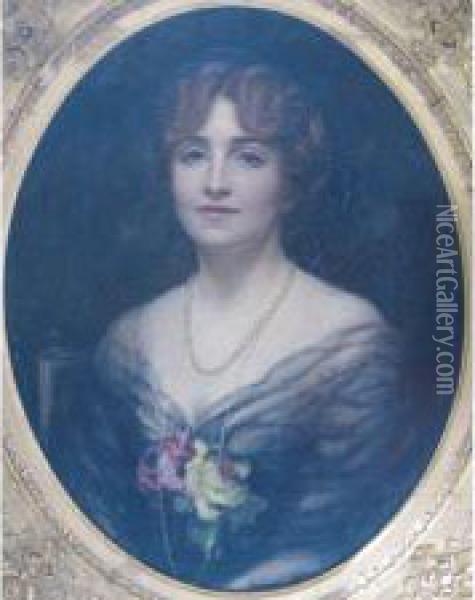 A Portrait Of A Lady Wearing A Pearl Necklace And Flowers In Her Corsage Oil Painting - Ethel Wright