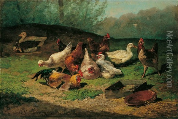 Huhnerhof Mit Ausblick In Die Landschaft Oil Painting - Cornelis van Leemputten