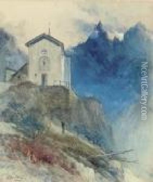 An Alpine Chapel, Courmayeur Oil Painting - John MacWhirter