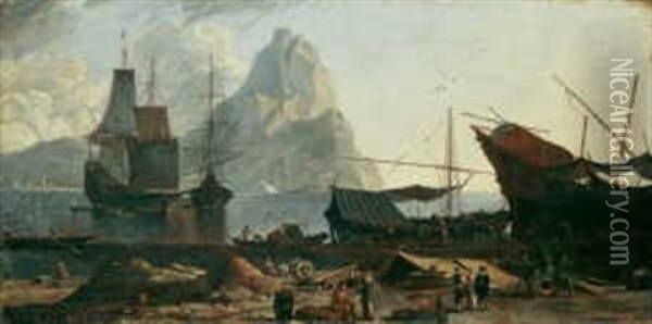 Ein Sudlicher Seehafen (gibraltar?) Oil Painting - Adriaen Van Der Cabel