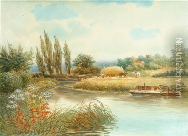 River Landscape With Haywagon Upon The Bank Oil Painting - George F. Nicholls