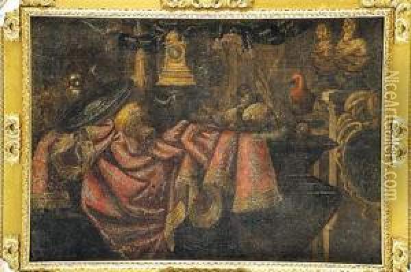 Bodegon: Objetos De Bronce Sobre Una Mesa Con Rico Pano De
 Brocado, Un Perro Y Un Loro Oil Painting - Francesco (Il Maltese) Fieravino