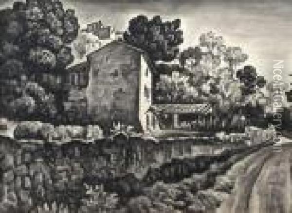 Village En Provence. Oil Painting - Alfred Lesbros