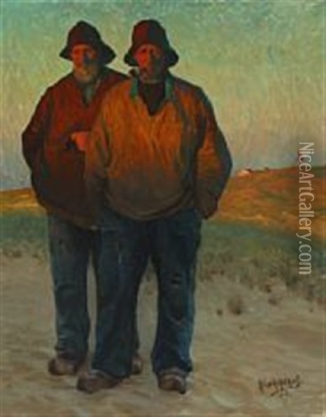 Two Fishermen In The Dunes, Skagen Oil Painting - Heinrich Hellhoff