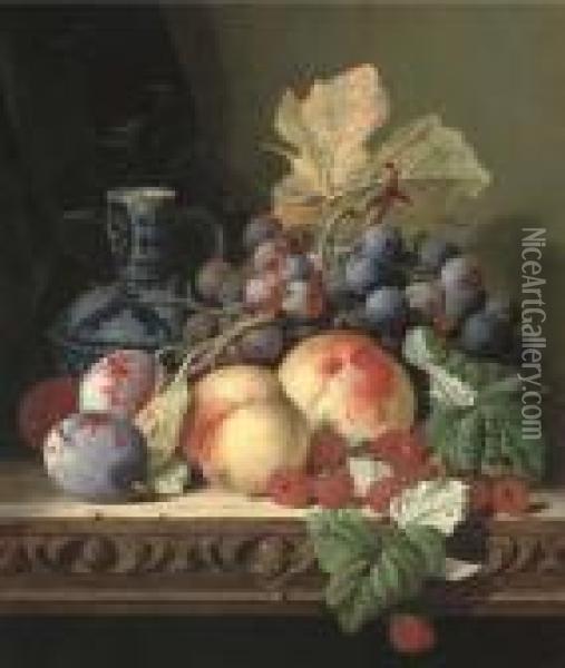 Plums, Peaches, Raspberries, Grapes And A Stoneware Jug On A Carvedtable Oil Painting - Edward Ladell