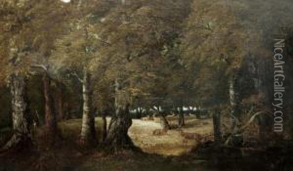 Woodland Clearing With A Herd Of Deer Oil Painting - Thomas Ii Whittle