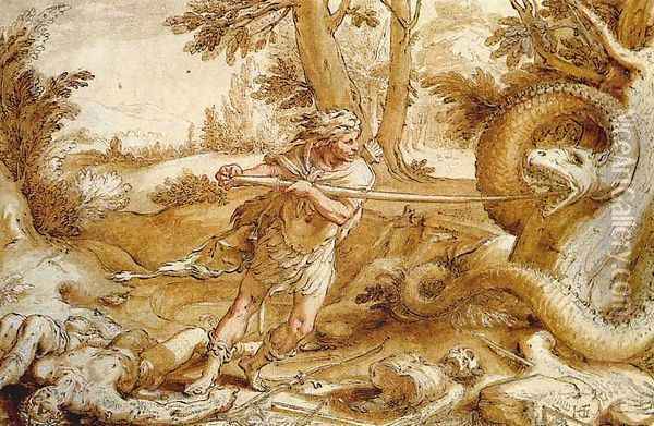Cadmus slaying the Dragon Oil Painting - Hendrick Goltzius
