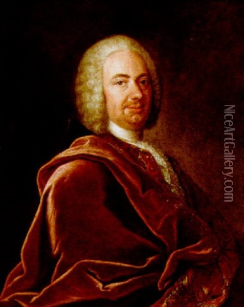 A Portrait Of A Gentleman, Wearing A Red Coat, A White Lace Chabot And A Wig Oil Painting - Alexander Roslin