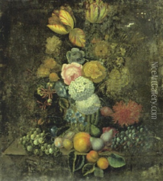 Stilleben Mit Blumen In Steinvase Und Fruchten Oil Painting - Balthazar Denner