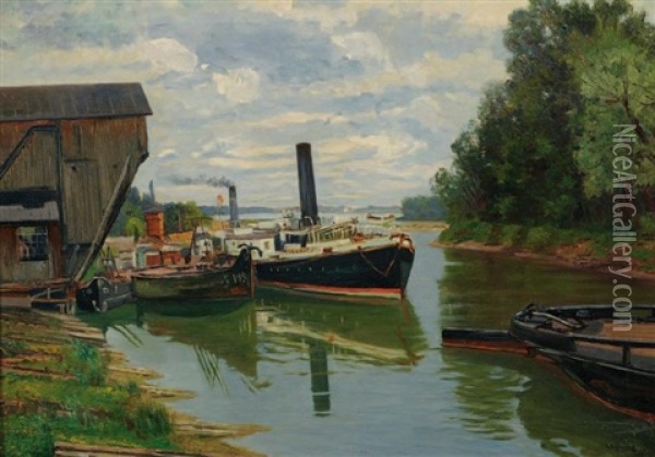 Peniche Sur Un Canal Oil Painting - Adolf Schwarz