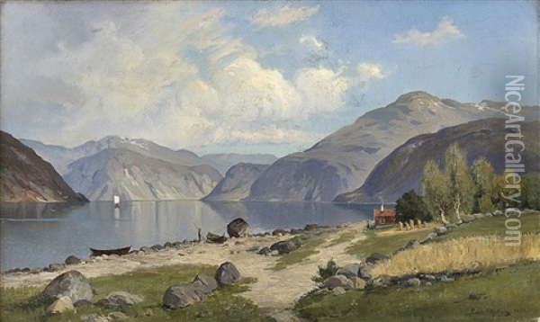 Fjordlandskap Med Folkeliv Oil Painting - Carl Nielsen