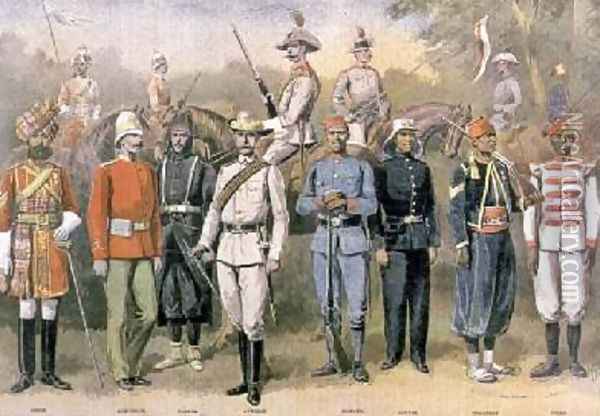 English colonial armies in their respective uniforms in celebration of the Jubilee of Queen Victoria 21 June 1883 illustration from Le Petit Journal 1899 Oil Painting - P.H.G.V. Michel