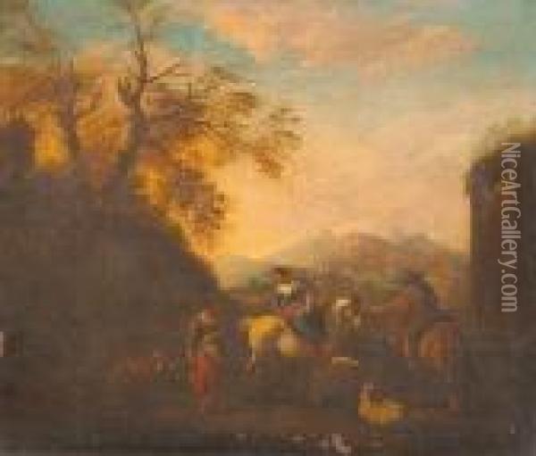 An Italianate Landscape With Peasants And Livestock Oil Painting - Nicolaes Berchem