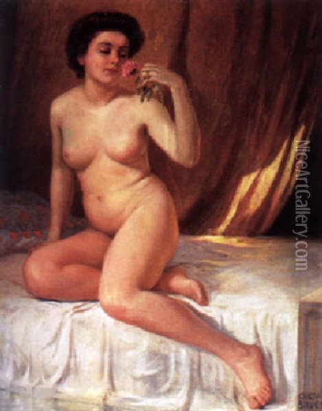 Weiblicher Akt Mit Rose Oil Painting - Gustav Bauer