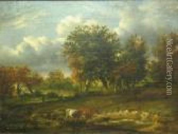 A Wooded Landscape With Cattle And Sheepwatering Oil Painting - Jacob Salomonsz. Ruysdael