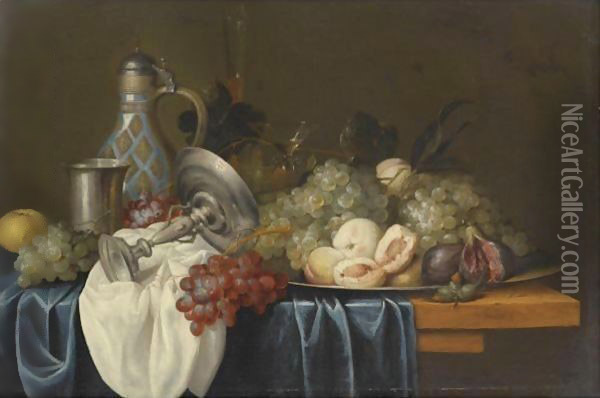 Still Life With Bunches Of Grapes, Peaches And Figs On A Pewter Dish Oil Painting - Alexander Coosemans