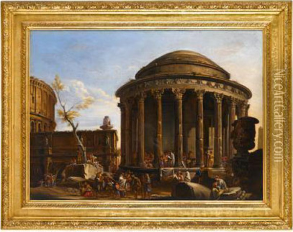 Figures Outside A Temple Oil Painting - (circle of) Wittel, Gaspar van (Vanvitelli)