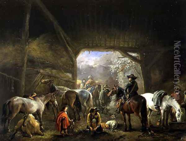 Sheltering from the Storm: a Stable with Travellers Resting on their Mounts Oil Painting - Philips Wouwerman