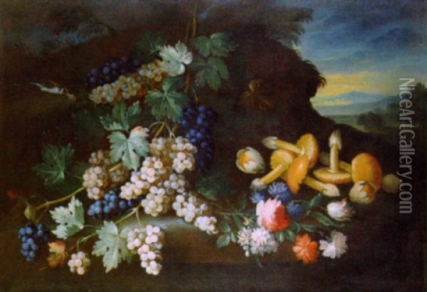 Uva, Fiori E Funghi In Un Paesaggio Oil Painting - Ludovico Caffi