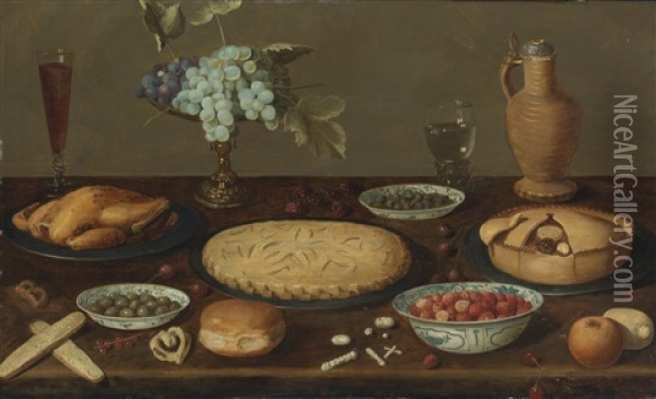 Still Life With Meat Pies, A Roast Fowl, Olives, Capers And Strawberries In Blue And White Porcelain Bowls, A Tazza With Grapes, A Roemer Filled With Wine, A Ceramic Jug And Other Items, All On A Wood Table Oil Painting - Jacob Foppens van Es (Essen)