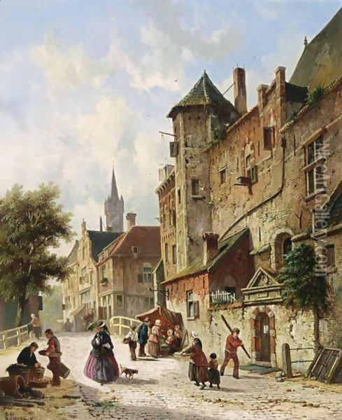 Villagers In The Streets Of A Dutch Town 3 Oil Painting - Adrianus Eversen